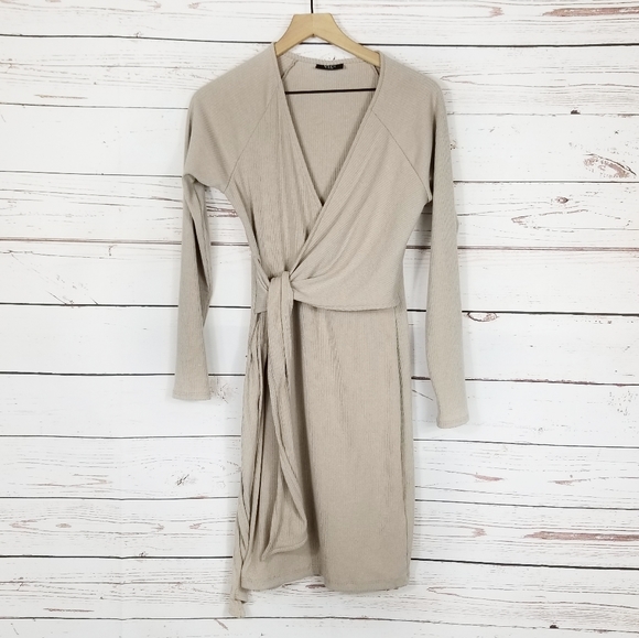Vici Dresses & Skirts - Vici | Tan Ribbed Knit Wrap Dress